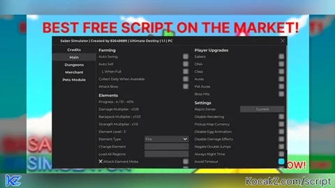 Best Script | Premium | GET ELEMENTS FAST | FARM DUNGEONS - Verified script for Saber Simulator
